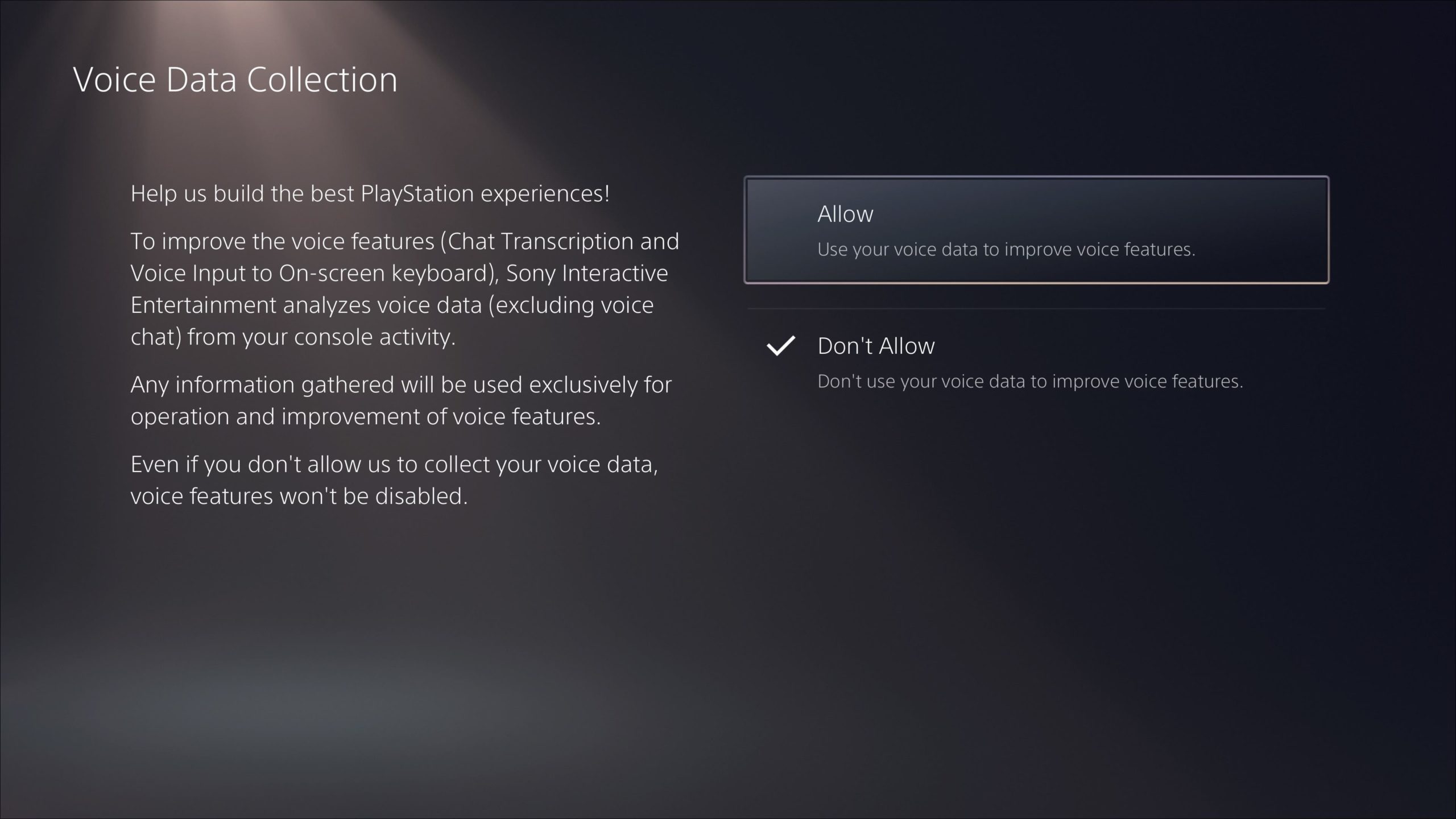 Configurações de privacidade do PS5 para "Coleta de dados de voz"