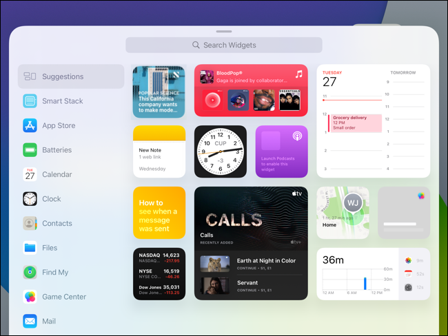 Galeria de widgets no iPad