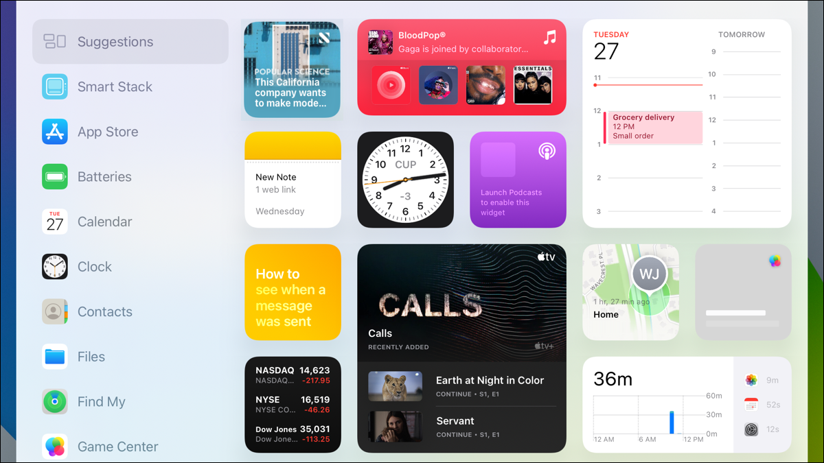 Galeria de widgets no iPad
