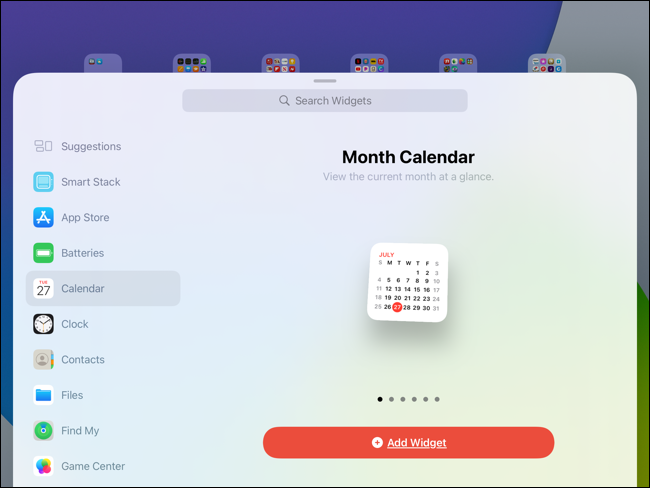 Pequeno widget de calendário na galeria