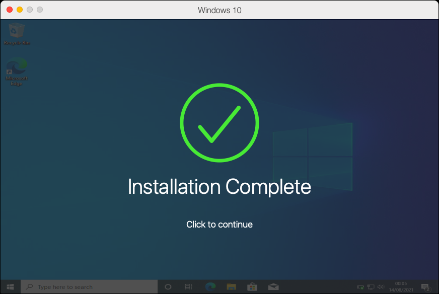 Mensagem de confirmação para a instalação do Windows 10 no Parallels concluída.