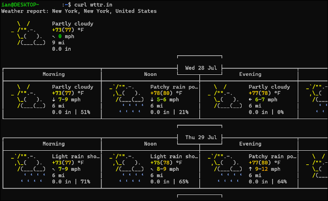 Uma janela de terminal com um boletim meteorológico com arte ASCII