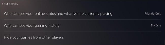 Configurações de privacidade do PS5 "Sua Atividade"