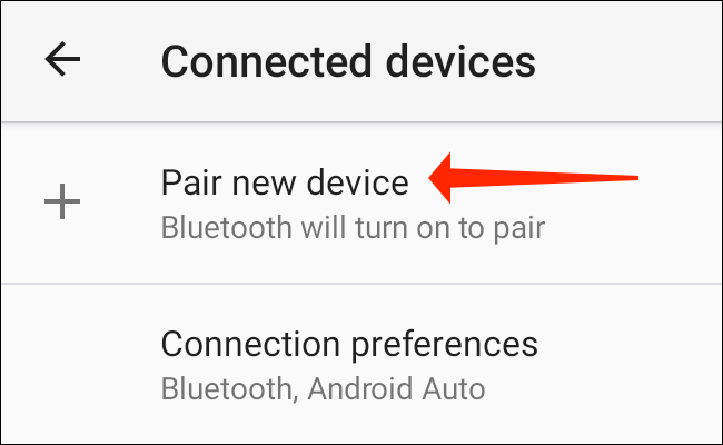 Na página "Dispositivos conectados" nas configurações do Android, toque em "Emparelhar novo dispositivo" para colocar seu telefone no modo de emparelhamento.