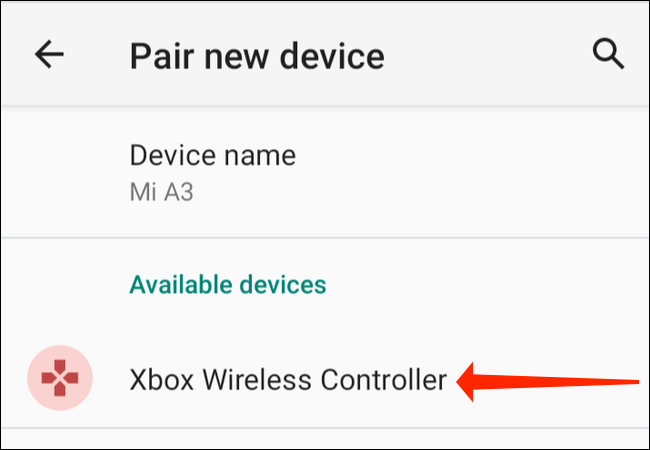 Na página "Parear Novo Dispositivo" em Configurações no seu telefone Android, toque em "Controlador Xbox Wireless".