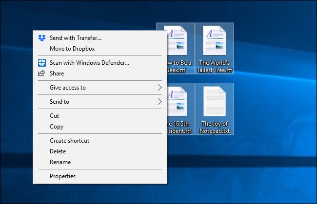Um exemplo de menu de contexto do botão direito do mouse no Windows 10.