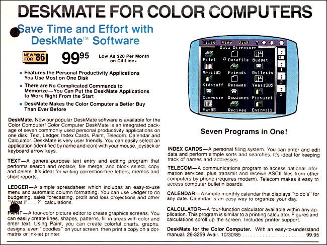 DeskMate for Color Computers entrada em um catálogo da Tandy, 1985