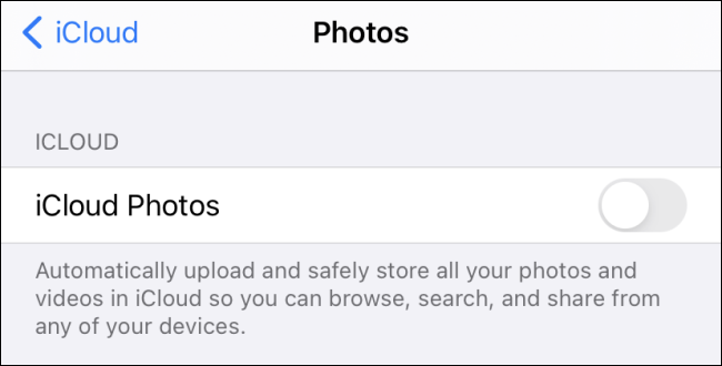 Fotos do iCloud desativadas em um iPhone.