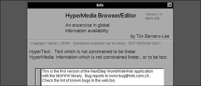 A caixa "Informações" para o navegador WorldWideWeb no NeXTSTEP.