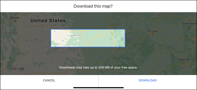 Baixando uma área de mapa off-line no Google Maps em um iPhone.