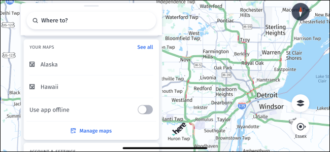 AQUI WeGo Maps em um iPhone mostrando mapas offline.