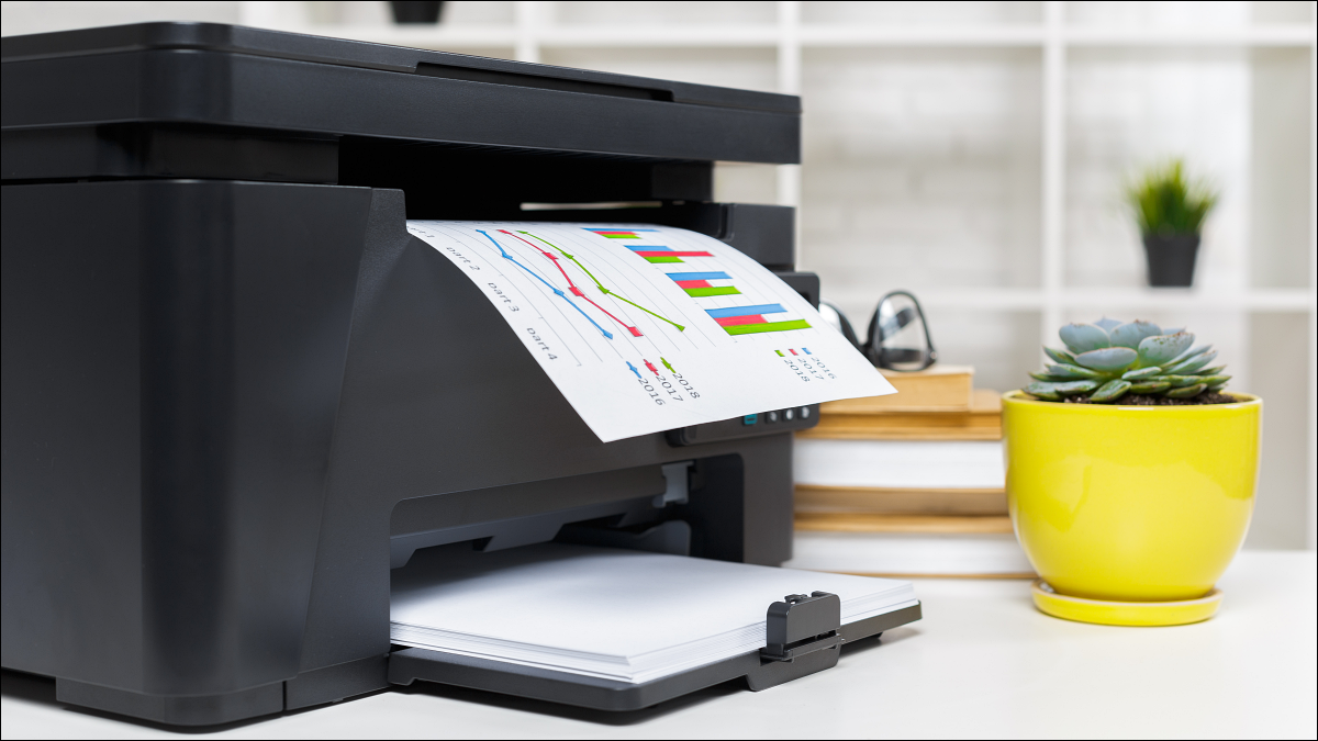 Uma impressora doméstica imprimindo planilhas coloridas ao lado de uma suculenta em vaso.