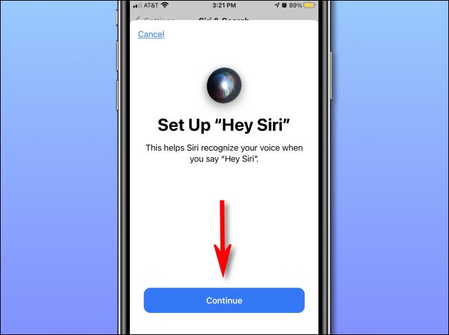 Na tela "Configurar Hey Siri", toque em "Continuar".