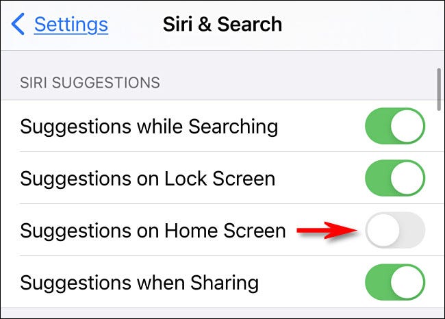 Nas configurações do iPhone ou iPad, vire o botão ao lado de "Sugestões na tela inicial" para desligá-lo.