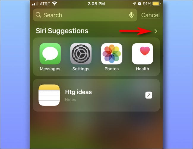 Na tela de pesquisa do Spotlight, toque na seta lateral do quilate ao lado de "Sugestões da Siri".