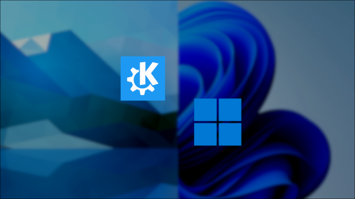 Logotipos do KDE e do Windows 11 sobre a imagem da tela dividida dos planos de fundo da área de trabalho