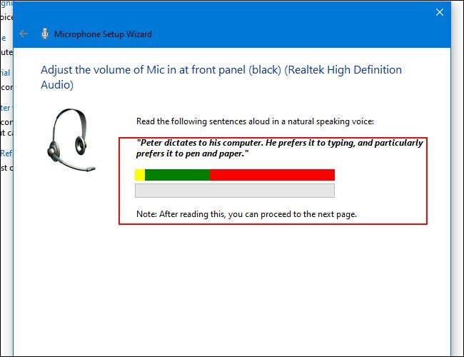 Diga o texto na tela para configurar seu microfone.