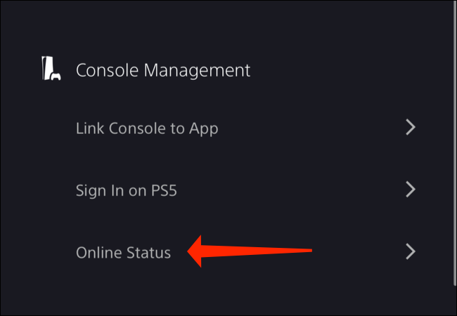 Na seção "Gerenciamento de console" nas configurações do aplicativo PlayStation em seu smartphone, você pode selecionar "Status online" para alterar se seus amigos podem ver se você está online.