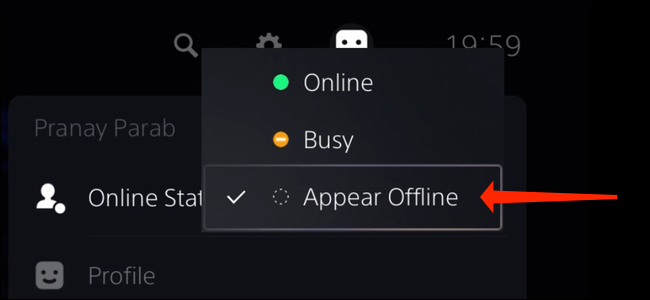 Selecione "Aparecer off-line" para parar de contar a seus amigos quando estiver on-line no PS5.  Esta opção aparece em "Status online".