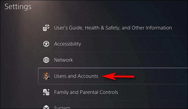 Nas configurações do PS5, selecione "Usuários e contas".