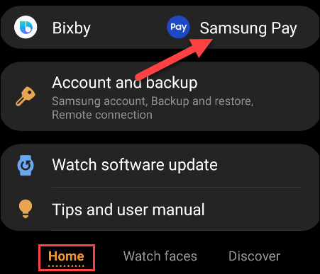 selecione "samsung pay" no app wearable