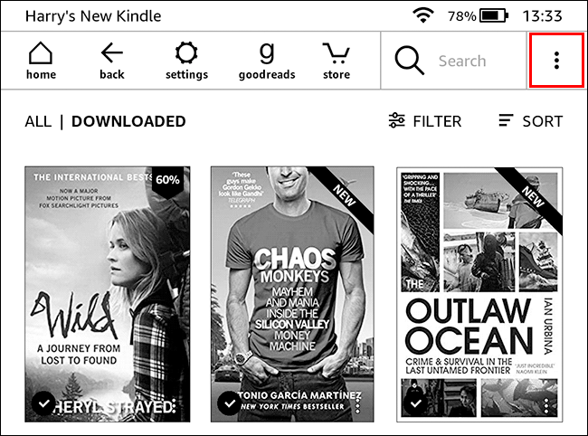 toque no botão do menu do kindle