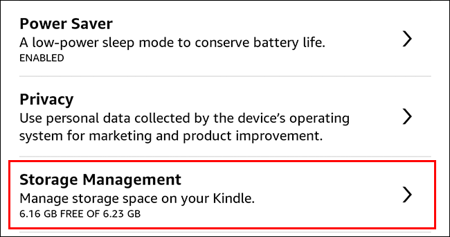 gerenciamento de armazenamento kindle