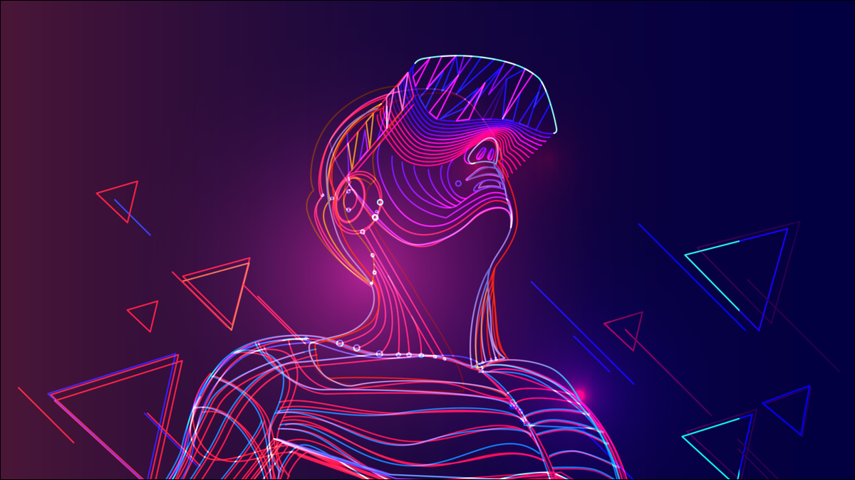 Uma imagem abstrata de uma pessoa digital usando um fone de ouvido VR.