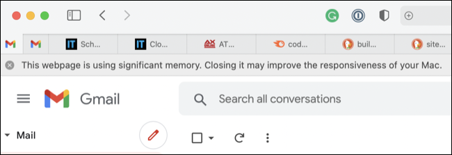Um exemplo de erro de uso de "Memória significativa" do Safari causado pelo Gmail