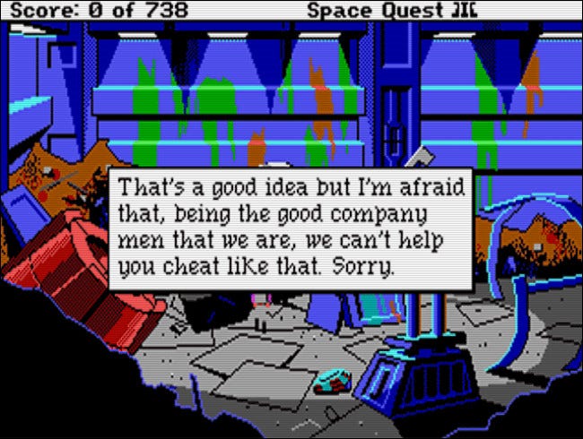 Uma das mensagens principais do chefe de Space Quest III (1989).