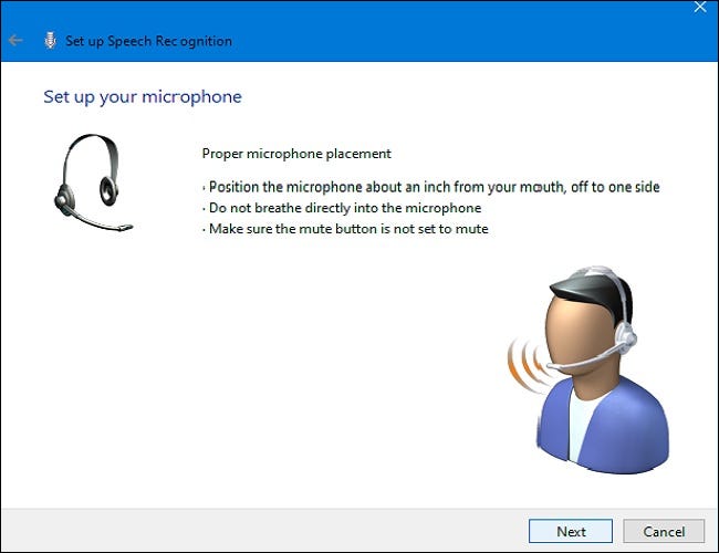 No Assistente de configuração de reconhecimento de fala, clique em "Avançar" para iniciar a configuração do microfone.