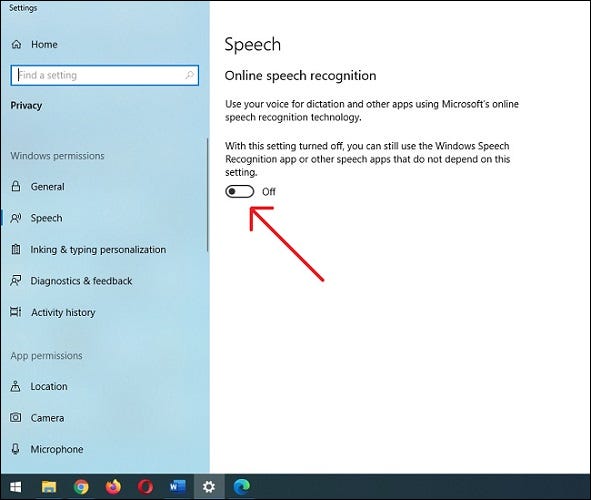 Nas configurações de reconhecimento de fala, deslize o botão para a posição desligado.