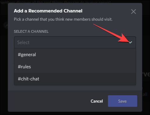 Use o menu suspenso para escolher um canal recomendado para os membros visitarem primeiro.