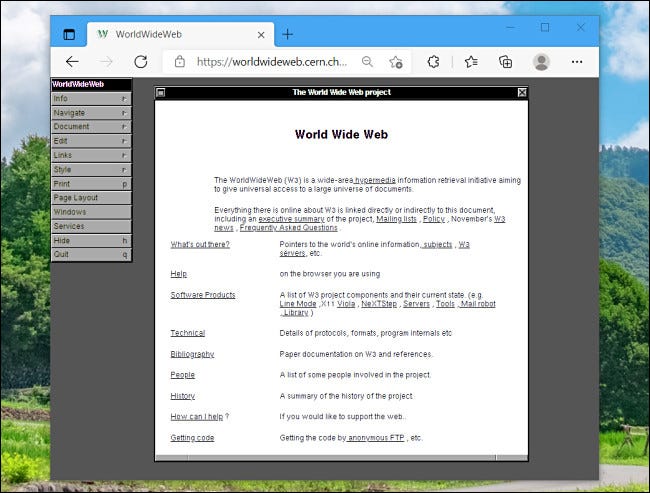 Uma simulação do primeiro navegador da Web em execução em um navegador moderno.