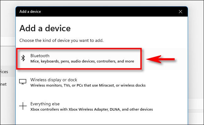Na janela "Adicionar um dispositivo", clique em "Bluetooth".