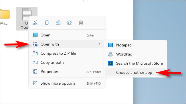 Clique com o botão direito do mouse no arquivo, selecione “Abrir com” e, em seguida, selecione “Escolher outro programa”.