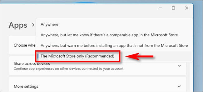 No menu, selecione "Apenas a Microsoft Store (recomendado)".