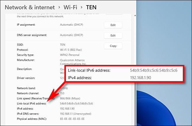 Localize seu endereço IP na seção "Endereço IPv4".