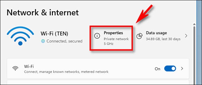 Em Configurações de rede e Internet, clique em "Propriedades".