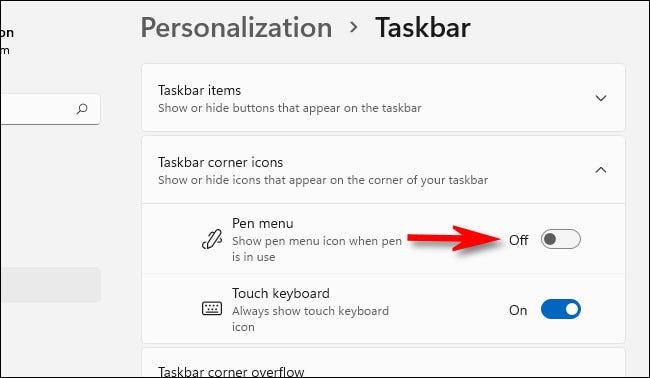 Em Personalização> Barra de tarefas, mude o botão ao lado de "Menu da caneta" para "Desligado".
