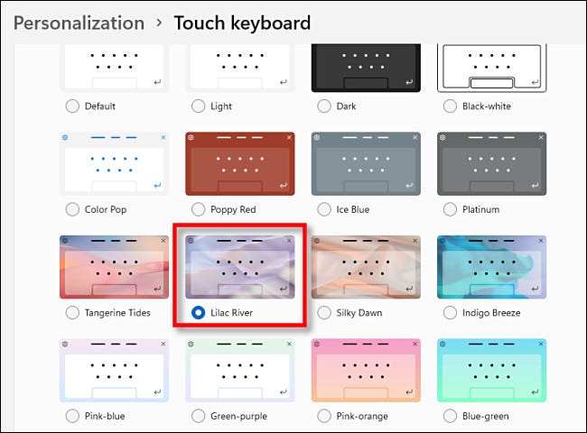 Escolha um tema de teclado de toque clicando nele.