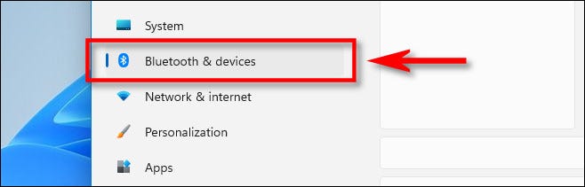 Nas configurações do Windows 11, clique em "Bluetooth e dispositivos".
