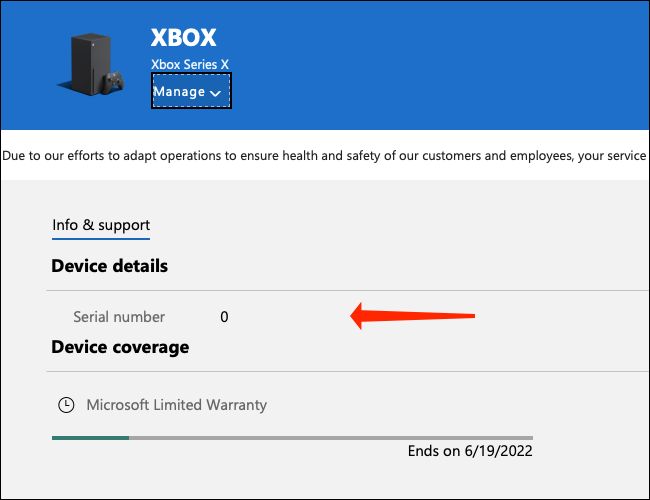 Depois de selecionar seu Xbox na página Dispositivos da Microsoft, você verá o número de série na seção "Detalhes do dispositivo" na guia "Informações e suporte".