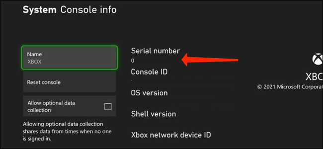 Na página Informações do console em Configurações, o número de série do Xbox Series X | S aparecerá ao lado do nome do console.