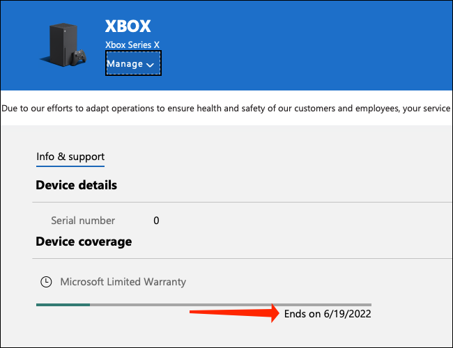 Você encontrará as informações de garantia do Xbox Series X | S na seção "Cobertura do dispositivo", localizada abaixo do número de série na página Dispositivos da Microsoft.