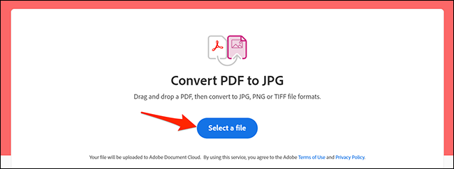 Clique em "Selecionar um arquivo" na página de conversão online de PDF em JPG da Adobe.
