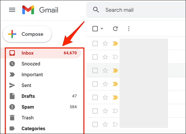 Selecione uma pasta de e-mail no Gmail.