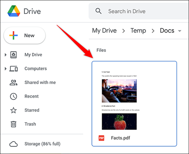 Selecione um arquivo no Google Drive.
