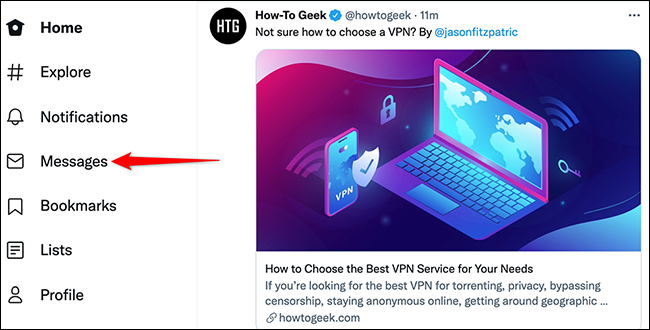Clique em "Mensagens" no site do Twitter.