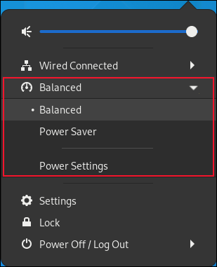 Menu de status do GNOME com opções de energia destacadas